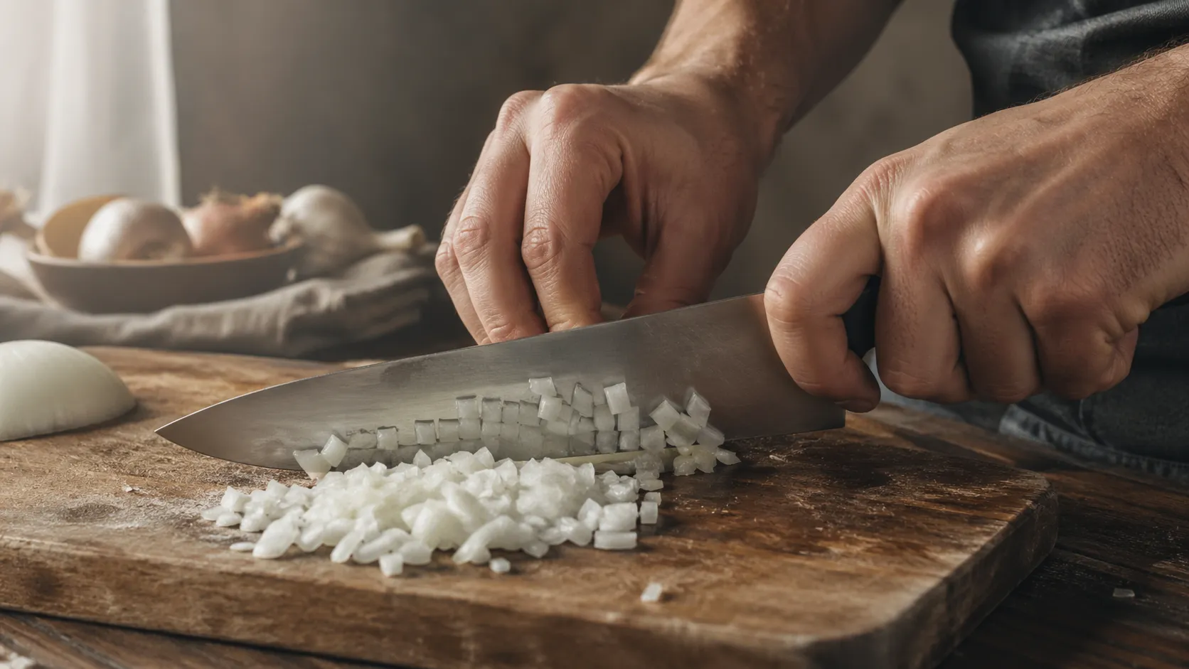 Man holding a knife using the claw grip