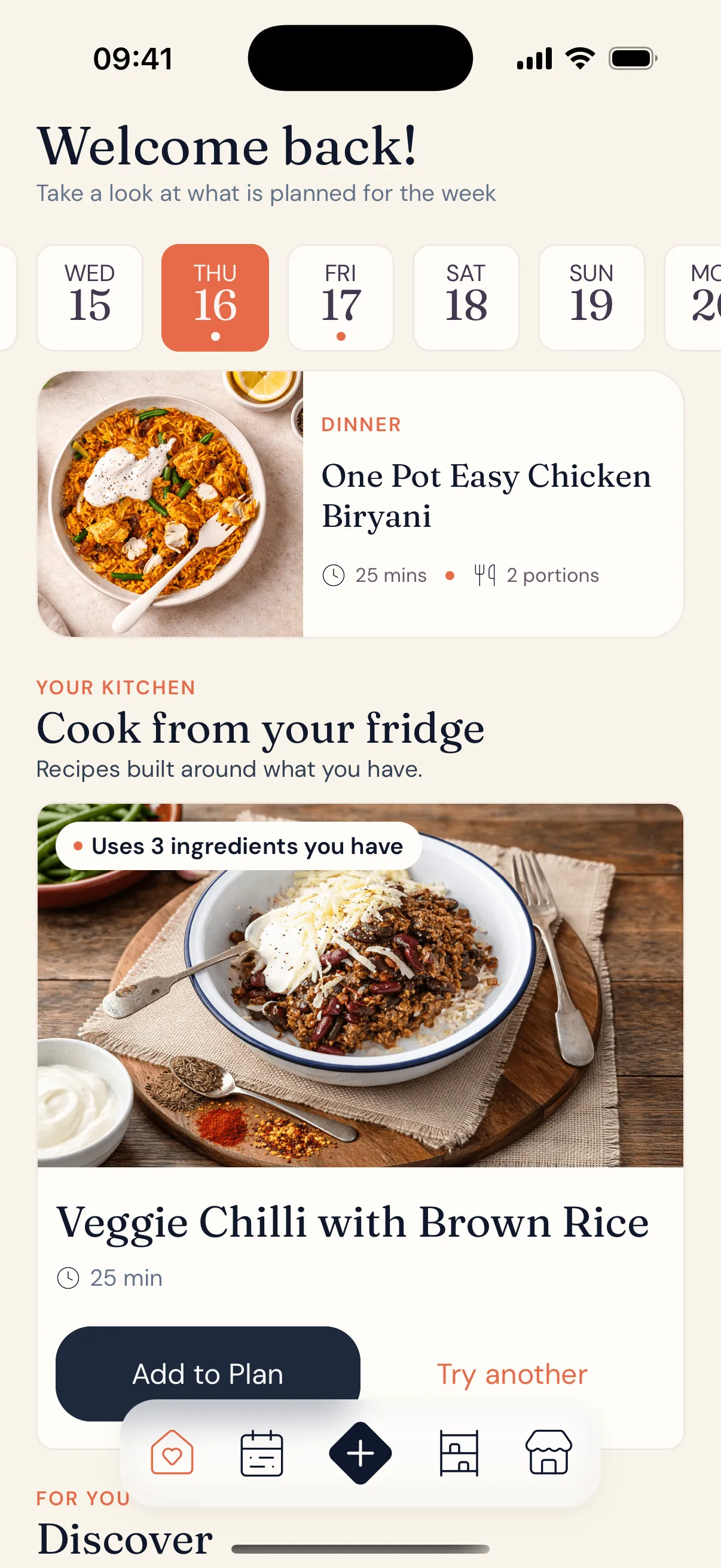 MealMade suggested meals on the home screen