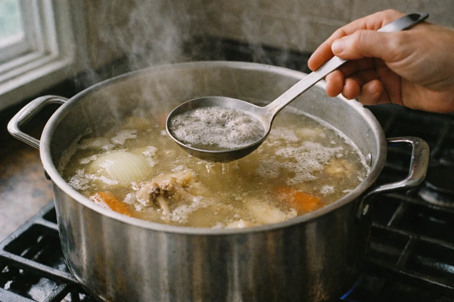 A ladle skimming foam from a pot of pale chicken stock on the hob